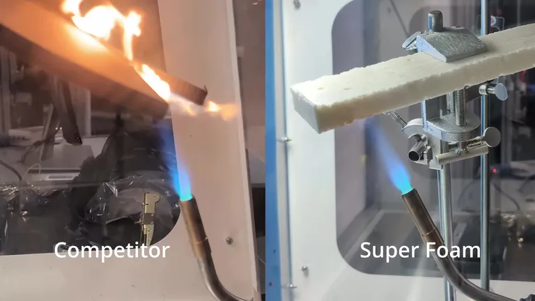 Torch test: a conventional foam ignites while Super Foam does not