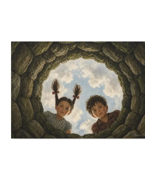Vintage&nbsp;illustration&nbsp;of&nbsp;two&nbsp;curious&nbsp;children&nbsp;peering&nbsp;into&nbsp;a&nbsp;secret&nbsp;wishing&nbsp;well