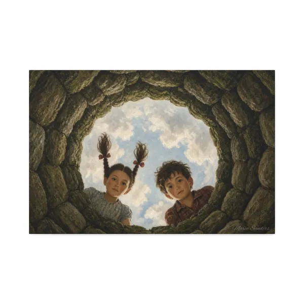Vintage illustration of two curious children peering into a secret wishing well