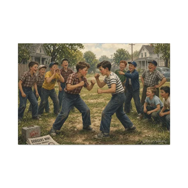 Vintage illustration of boys in a playful neighborhood scuffle
