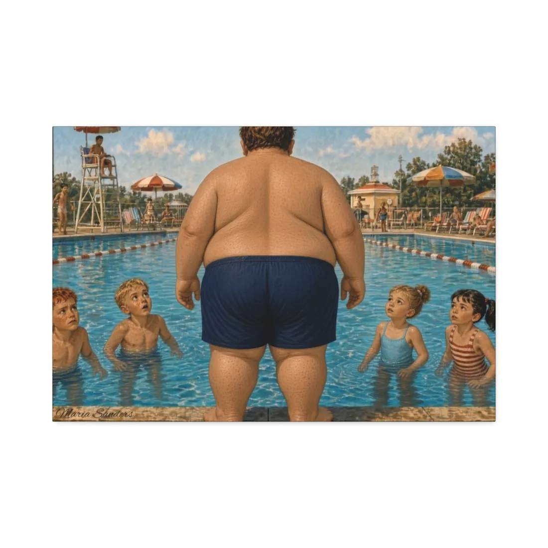 Vintage illustration of a humorous poolside scene