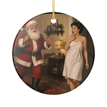 Cheeky vintage Santa surprise illustration on ceramic Christmas ornament