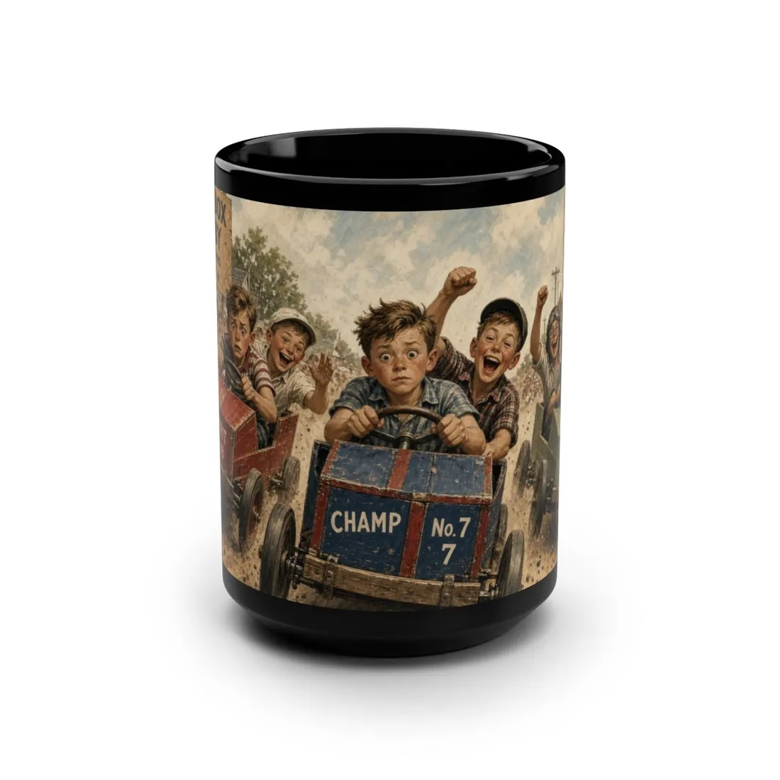 Vintage soap-box derby racing illustration on a black 15oz mug