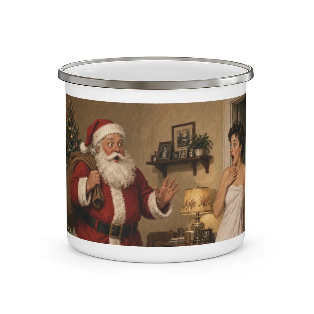 Vintage Santa holiday illustration on an enamel camping mug
