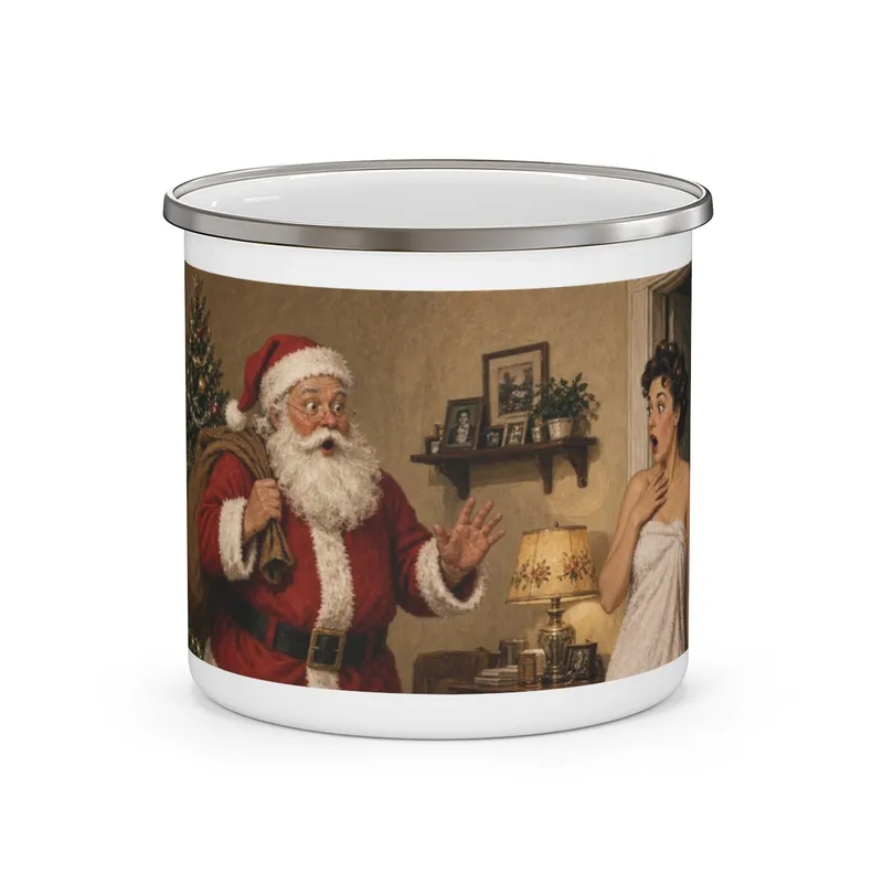 Vintage Santa holiday illustration on an enamel camping mug