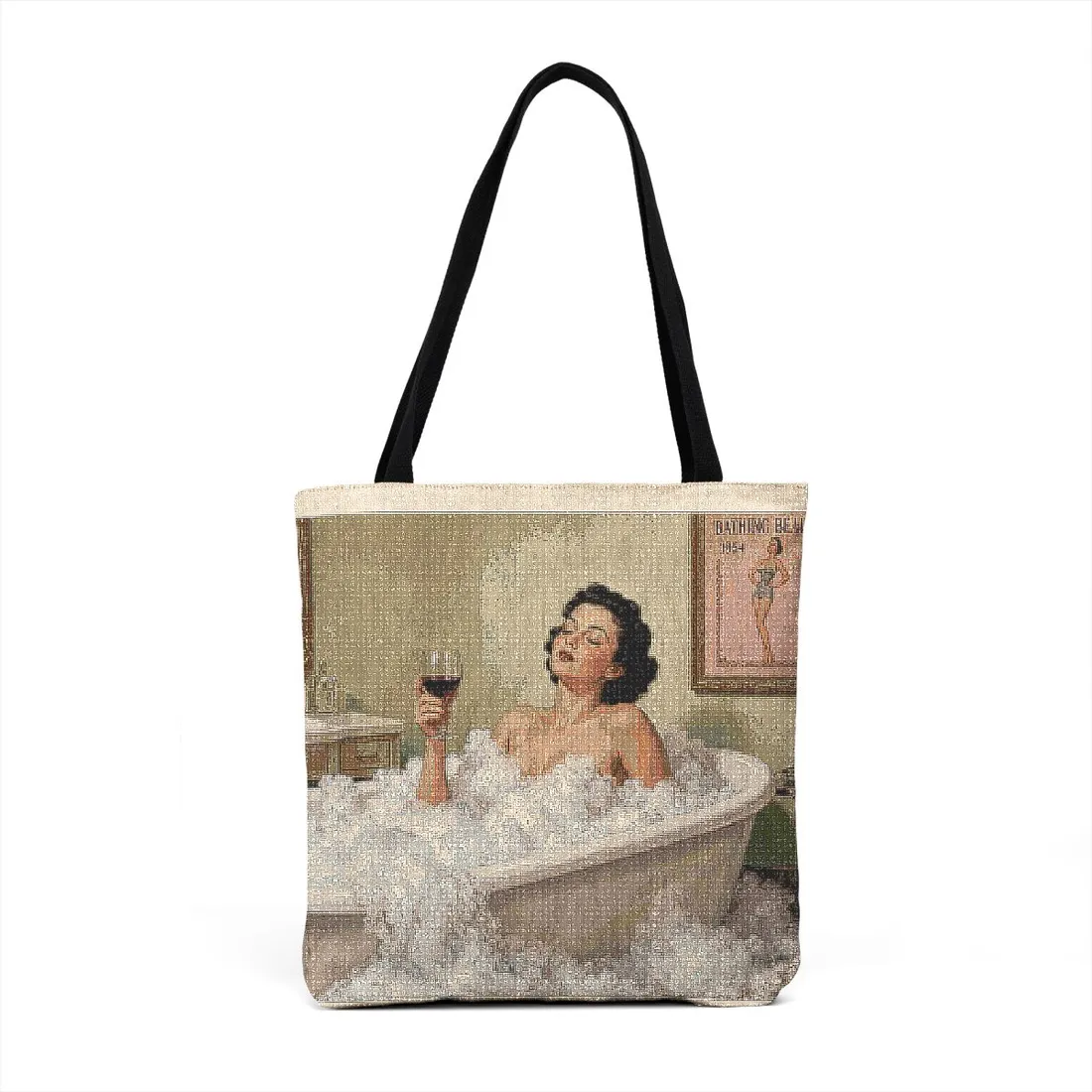 Vintage bubble bath illustration on a woven tote