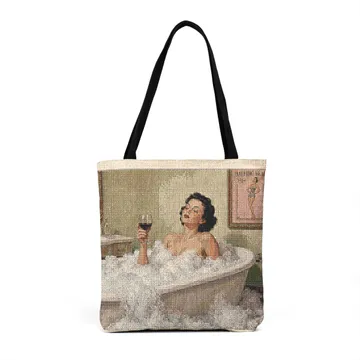 Vintage bubble bath illustration on a woven tote
