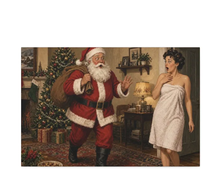 Playful vintage Christmas illustration for Naughty Santa canvas