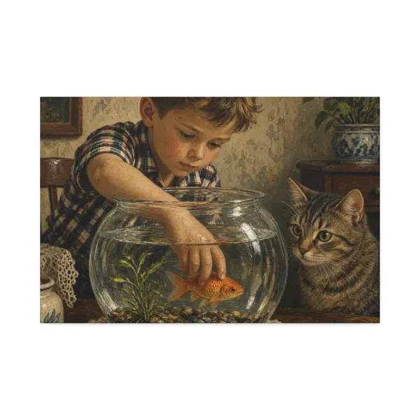 Vintage illustration of a boy, a cat, and a goldfish bowl