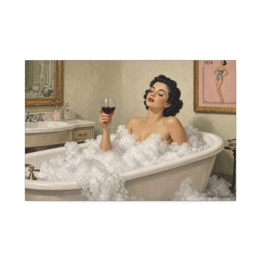 Vintage illustration of a woman relaxing in a bubble bath