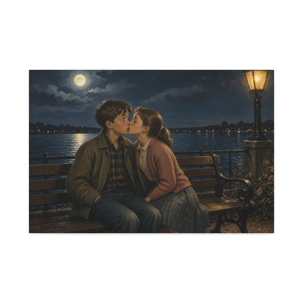 Vintage illustration of a surprise kiss beside a moonlit lake