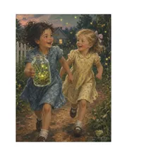Vintage illustration of children running with a jar of fireflies