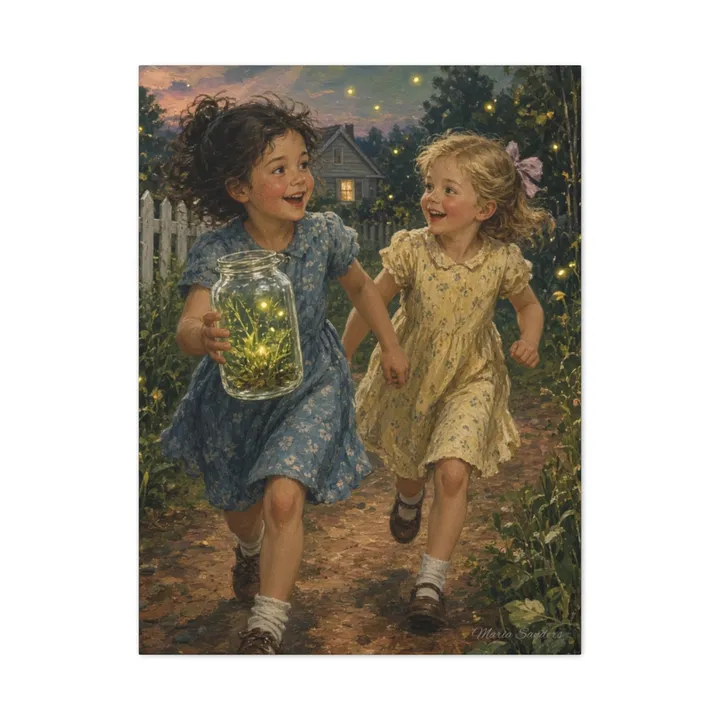 Vintage&nbsp;illustration&nbsp;of&nbsp;children&nbsp;running&nbsp;with&nbsp;a&nbsp;jar&nbsp;of&nbsp;fireflies