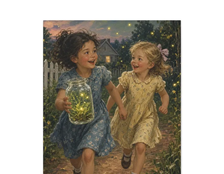 Vintage illustration of children running with a jar of fireflies