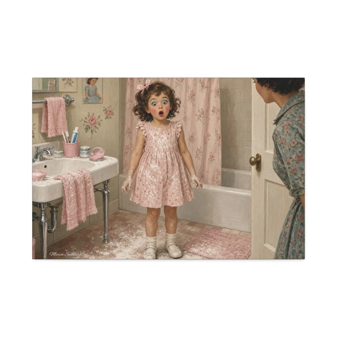 Vintage bathroom illustration of a surprised little girl