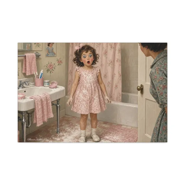 Vintage bathroom illustration of a surprised little girl