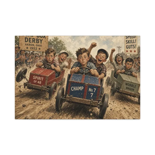 Vintage 1952 soap-box derby illustration with boys racing homemade cars
