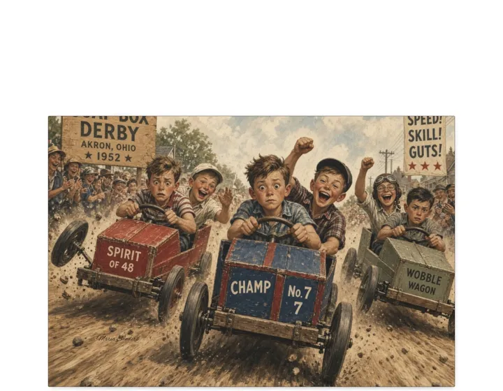 Vintage 1952 soap-box derby illustration with boys racing homemade cars