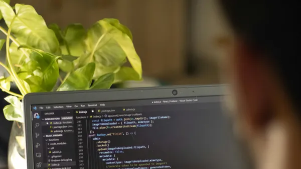Person&nbsp;focused&nbsp;on&nbsp;coding&nbsp;with&nbsp;laptop&nbsp;and&nbsp;plant&nbsp;in&nbsp;view,&nbsp;highlighting&nbsp;a&nbsp;modern&nbsp;work&nbsp;environment.