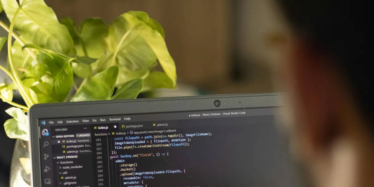 Person&nbsp;focused&nbsp;on&nbsp;coding&nbsp;with&nbsp;laptop&nbsp;and&nbsp;plant&nbsp;in&nbsp;view,&nbsp;highlighting&nbsp;a&nbsp;modern&nbsp;work&nbsp;environment.
