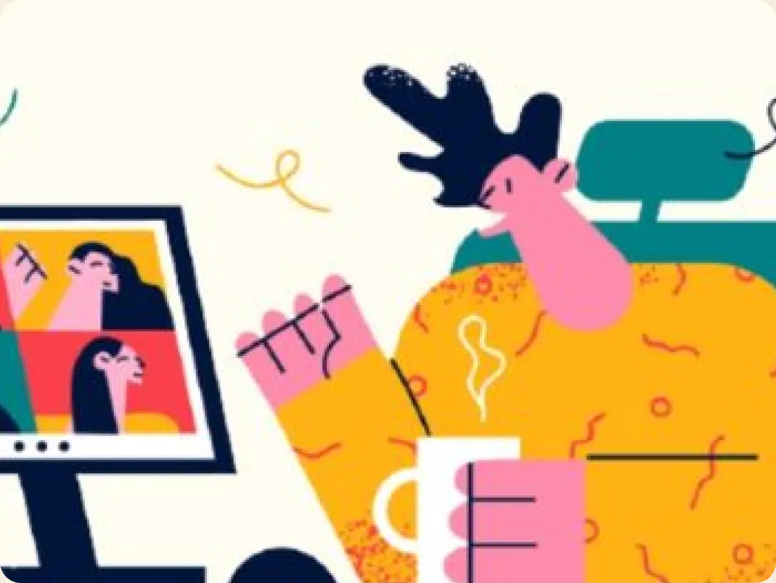 Illustration&nbsp;of&nbsp;a&nbsp;person&nbsp;on&nbsp;a&nbsp;video&nbsp;call&nbsp;with&nbsp;a&nbsp;mug&nbsp;of&nbsp;coffee