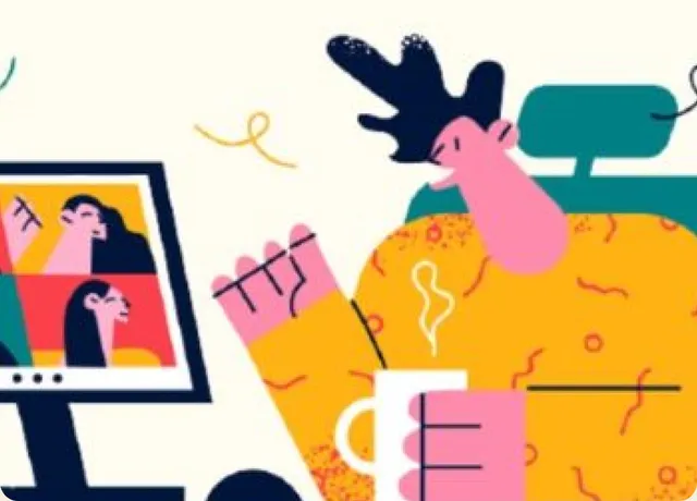 Illustration of a person on a video call with a mug of coffee
