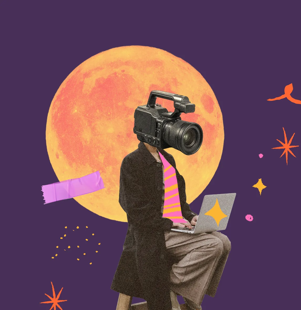 Collage&nbsp;of&nbsp;a&nbsp;filmmaker&nbsp;with&nbsp;a&nbsp;camera&nbsp;for&nbsp;a&nbsp;head,&nbsp;seated&nbsp;in&nbsp;front&nbsp;of&nbsp;a&nbsp;full&nbsp;moon