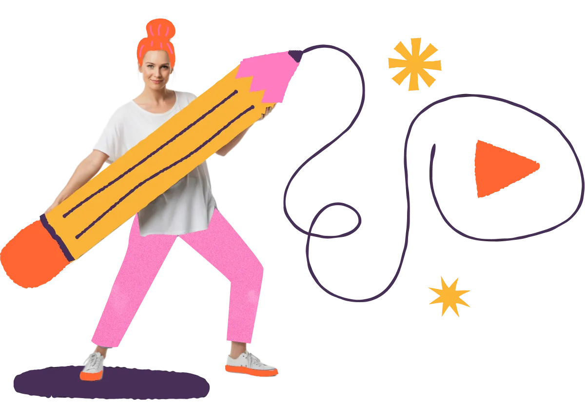 Collage of a woman carrying a giant pencil with a play button doodle