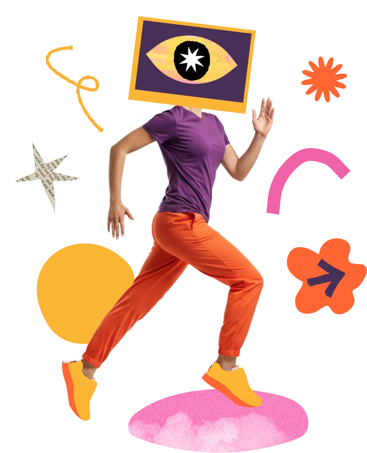 Collage of a runner with a framed eye for a head among bold shapes