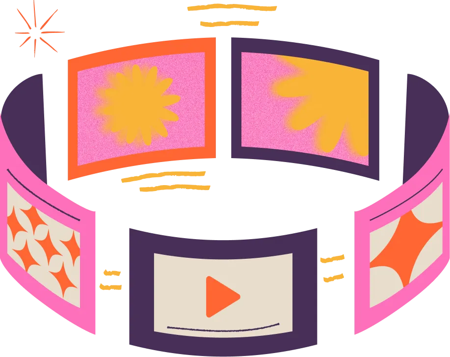 Curved strip of video frames with a play button