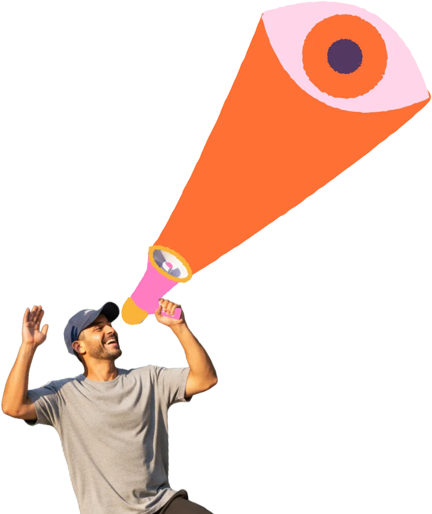 Man shouting through an orange megaphone