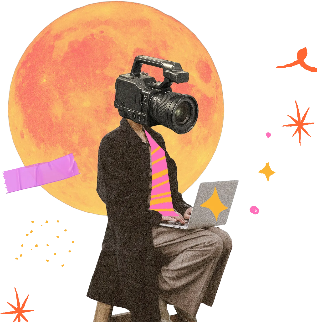 Collage of a filmmaker with a camera for a head, seated in front of a full moon