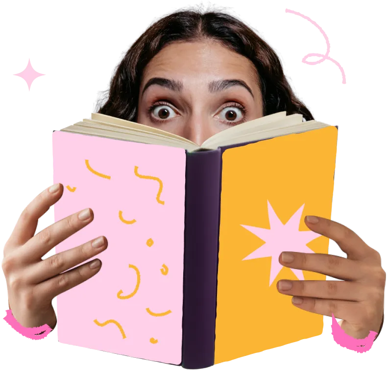 Collage of a woman peeking over an open book