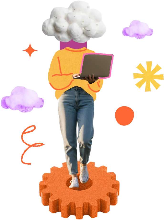 Collage of a person with a cloud for a head standing on a gear, holding a laptop
