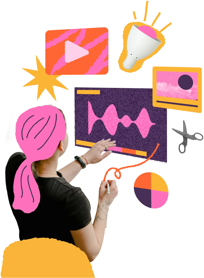 Collage of a woman editing video on a screen surrounded by media icons