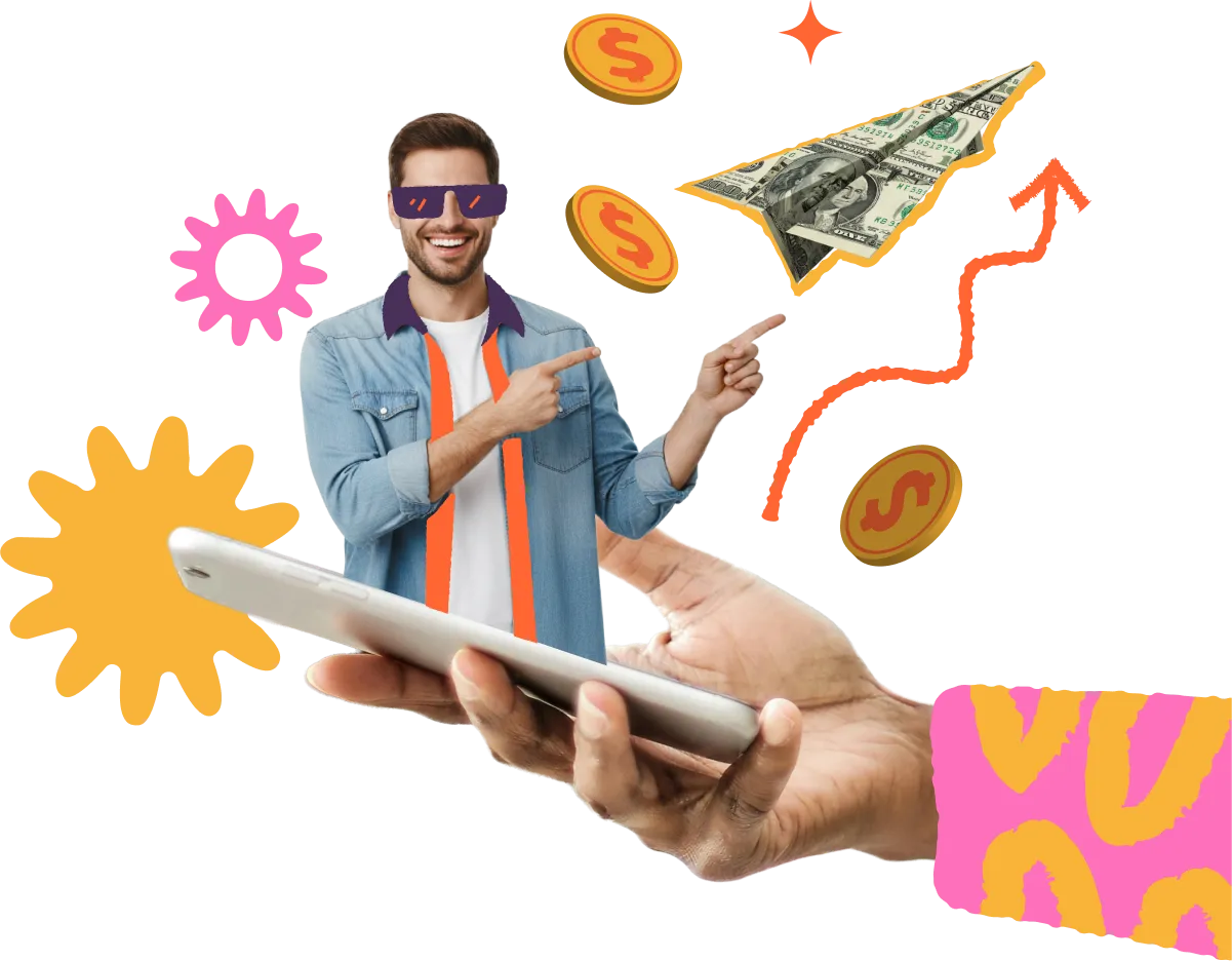 Collage of a man stepping out of a phone with a paper plane and coins