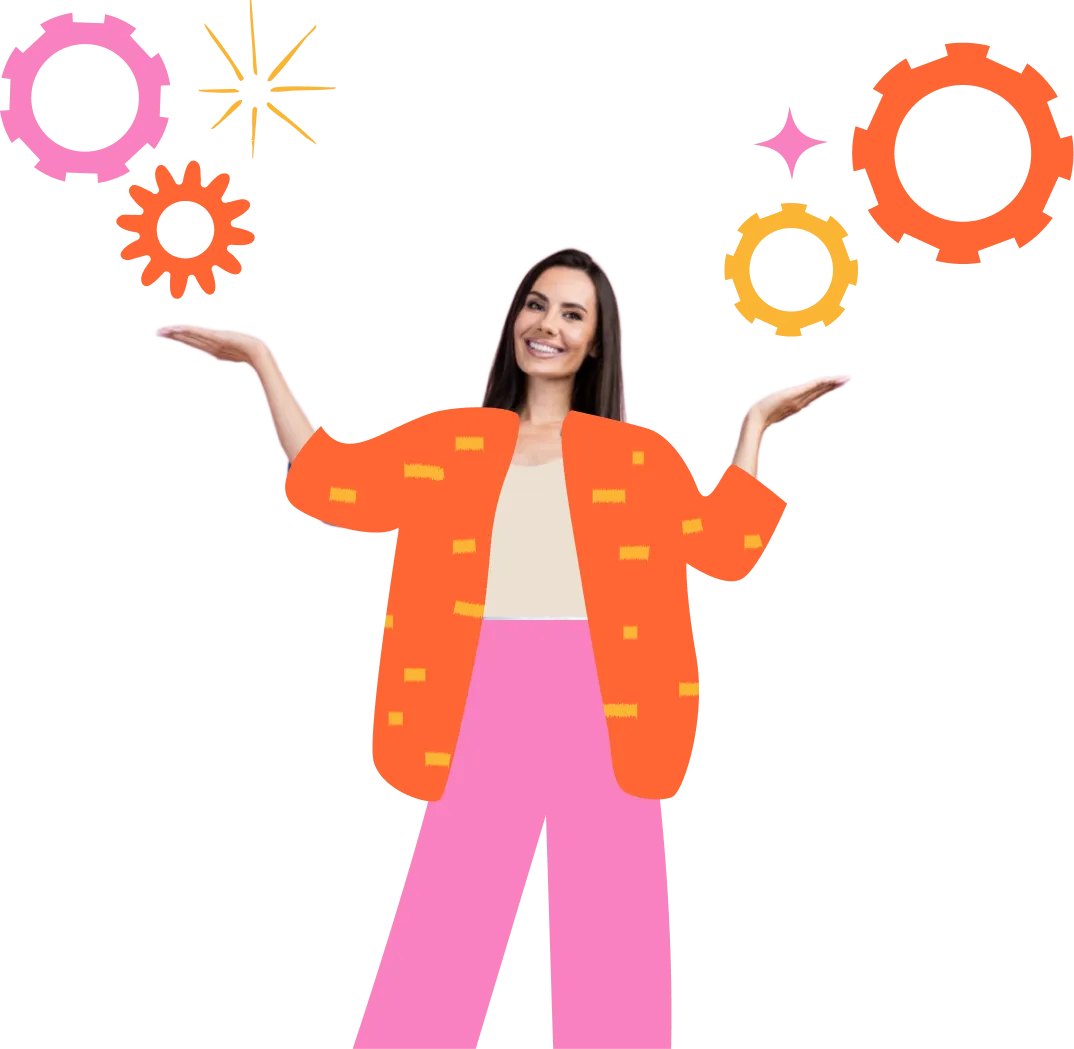 Collage of a smiling woman with gears and sparkles