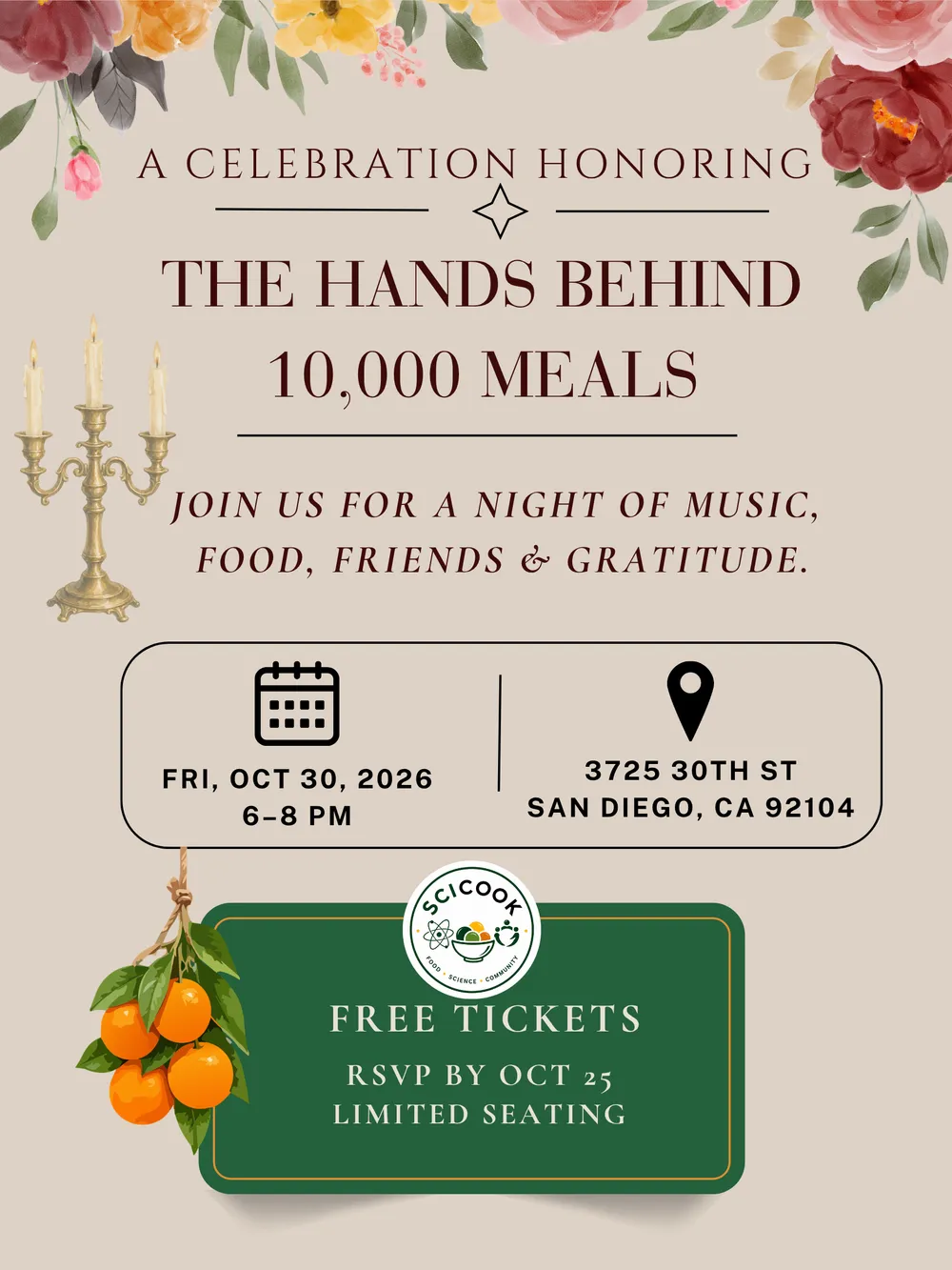 SciCook&nbsp;volunteer&nbsp;appreciation&nbsp;flyer&nbsp;for&nbsp;The&nbsp;Hands&nbsp;Behind&nbsp;10,000&nbsp;Meals,&nbsp;a&nbsp;San&nbsp;Diego&nbsp;celebration&nbsp;with&nbsp;music,&nbsp;food&nbsp;and&nbsp;free&nbsp;tickets.